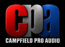 Campfield Pro Audio logo with red, silver, and blue colors on a black background
